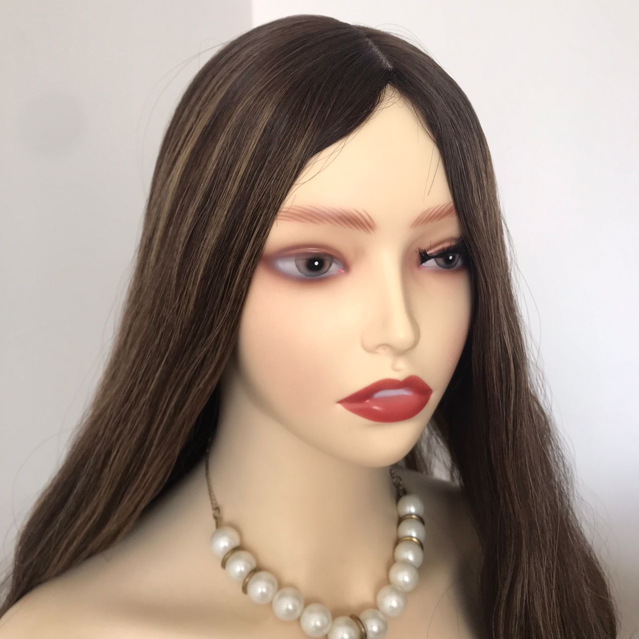 Stock European Brown Blended with HL Wavy Layered Silk Top Jewish Wigs