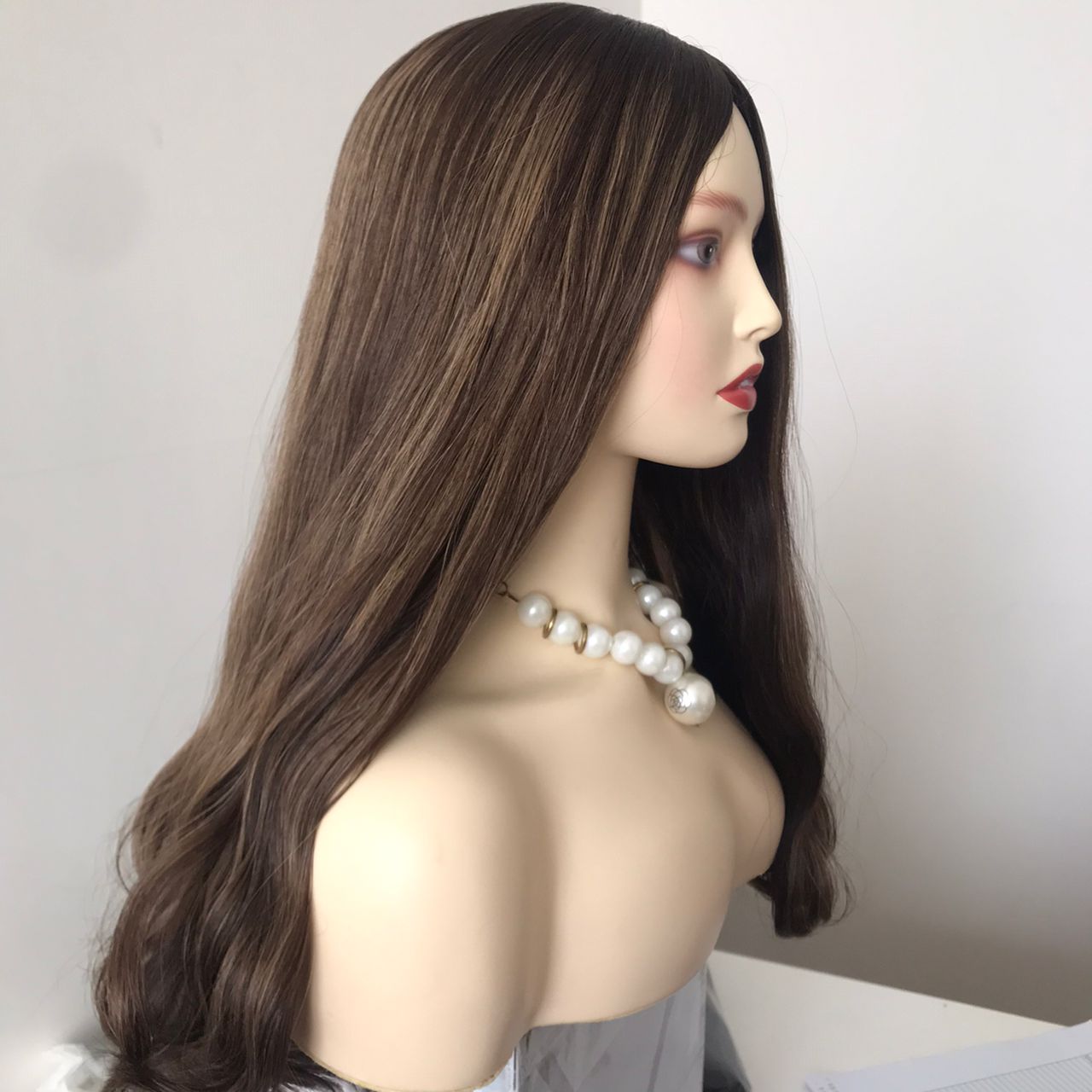 Stock European Brown Blended with HL Wavy Layered Silk Top Jewish Wigs