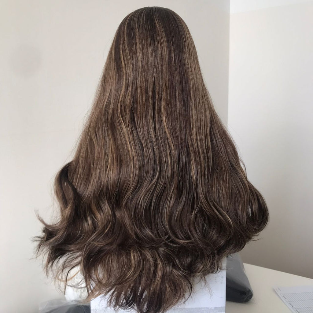 Stock European Brown Blended with HL Wavy Layered Silk Top Jewish Wigs