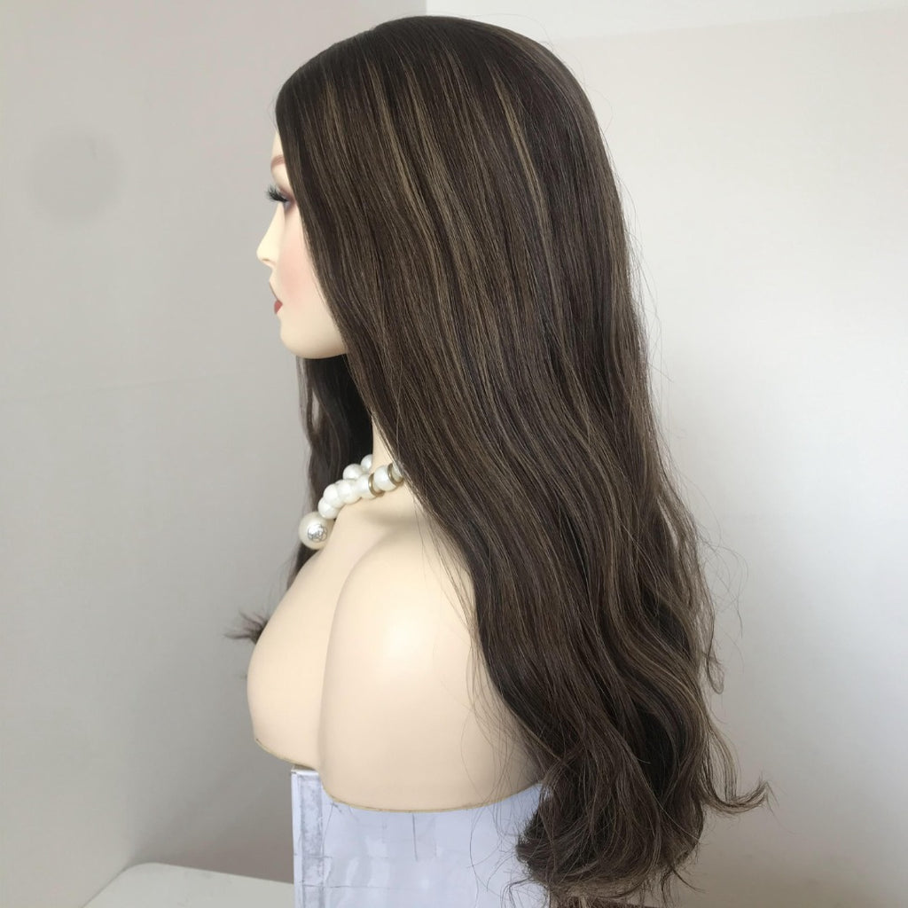 Stock European Brown Blended with HL Wavy Layered Silk Top Jewish Wigs