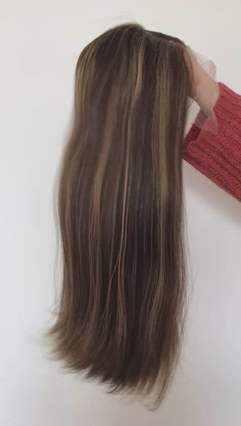 Stock Lace Top European #6/10 Highlight Straight No Layer Human Hair Jewish Wig 20" 130% Density