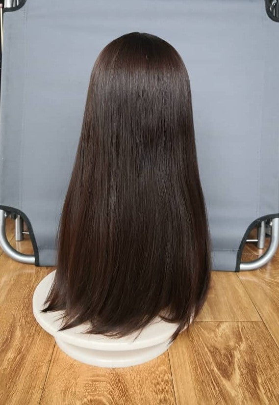 Stock European Chestnut Brown Straight Slight Layer Silk Top Jewish Wigs