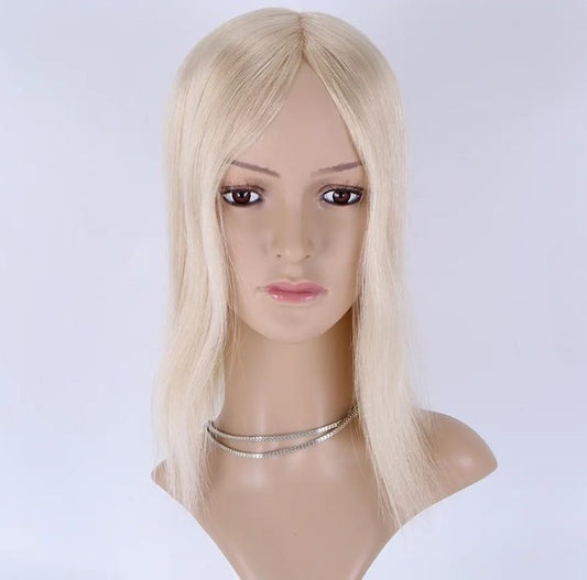 Stock European #60 Natural Straight Double Drawn Human Hair Topper 18" with Silk Top 130% Density