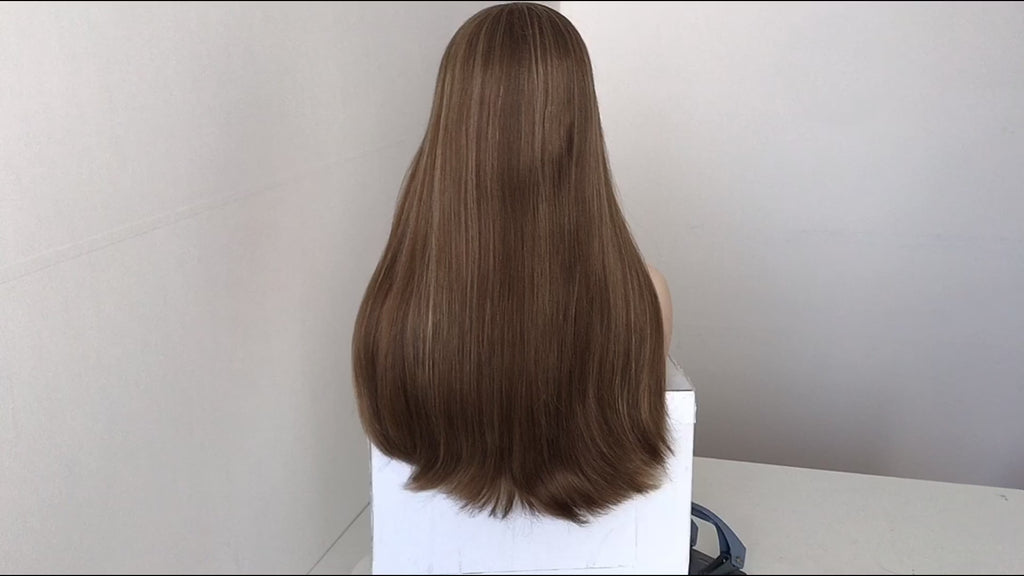 Stock European Chocolate with HL Straight Slight Layer Human Hair Silk Top Jewish Wigs