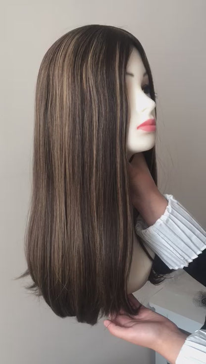 Stock European Chocolate with HL Straight Small Layer Silk Top Jewish Wig