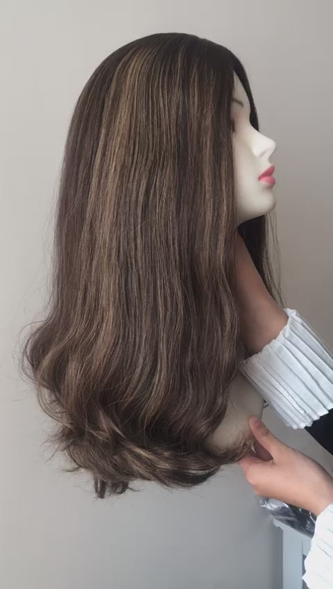 Stock European Brown Blended with HL Wavy Layered Silk Top Jewish Wigs