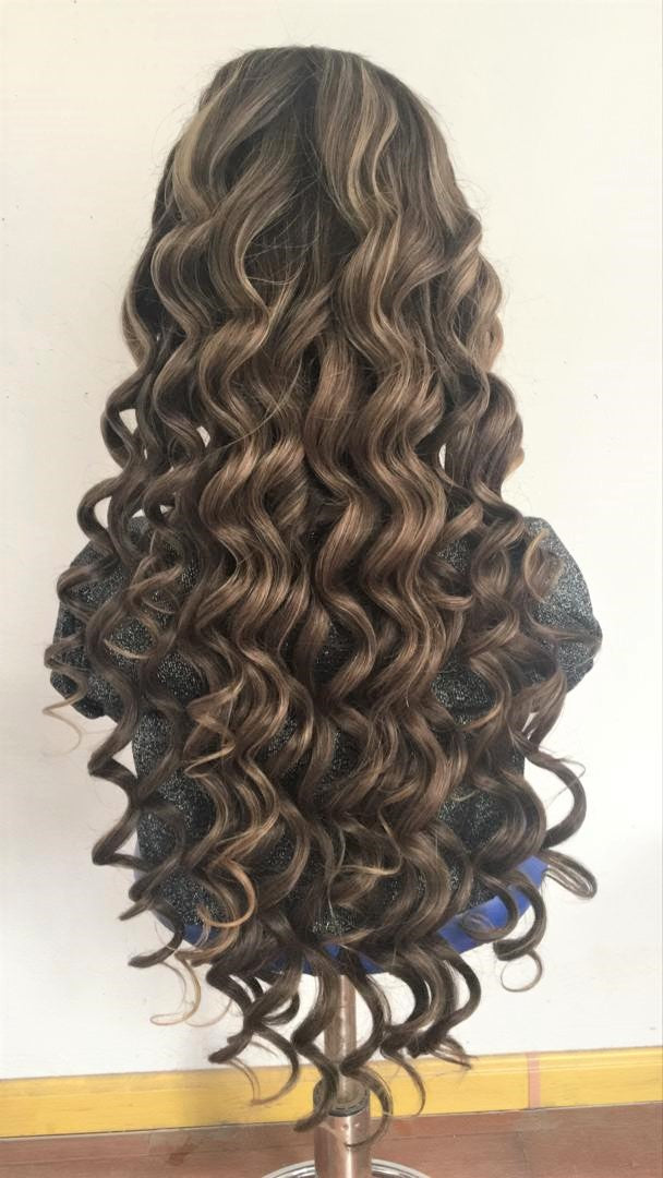 Custom Full Lace European Brown Balayage Deep Body Wave Human Hair Fake Scalp Wig