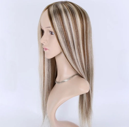 Stock European Brown Balayage Natural Straight Double Drawn Human Hair Topper 18" with Silk Top 130% Density