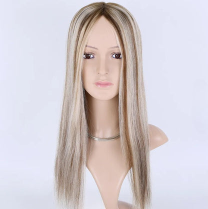 Stock European Brown Balayage Natural Straight Double Drawn Human Hair Topper 18" with Silk Top 130% Density