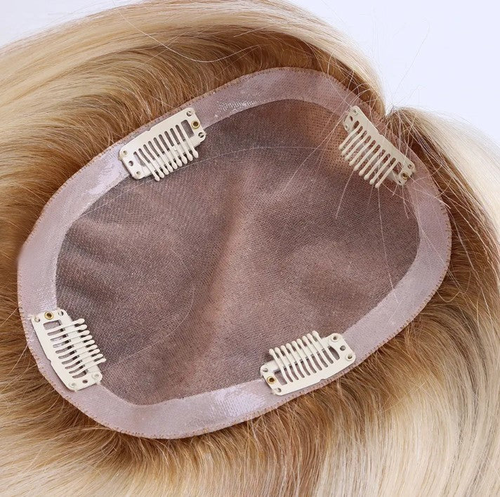 Stock Mono with PU European Blonde Ombre with HL Straight Human Hair Silk Topper