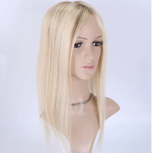 Stock Mono with PU European Blonde Ombre with HL Straight Human Hair Silk Topper