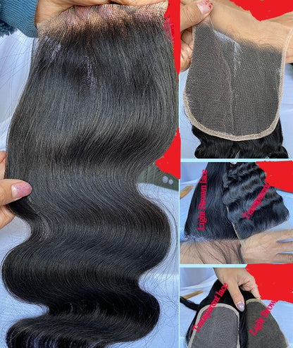 Stock 5x5 Brazilian Natural Black Body Wave Human Hair Closures with 3 bundles