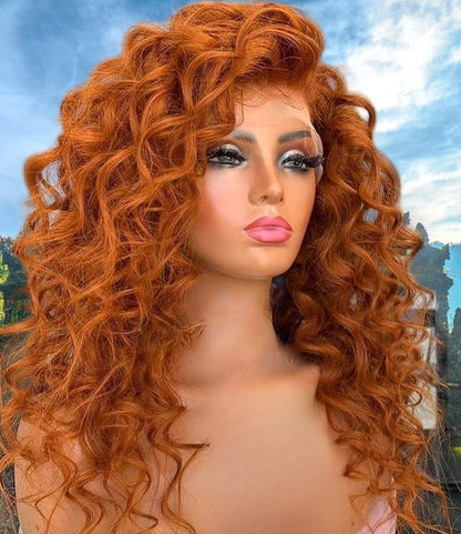 Custom Full Lace Glueless Brazilian Ginger Curly Human Hair Wig