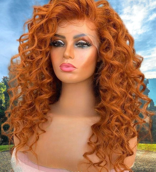 Custom Full Lace Glueless Brazilian Ginger Curly Human Hair Wig