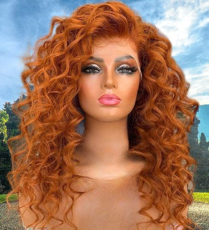 Custom Full Lace Glueless Brazilian Ginger Curly Human Hair Wig