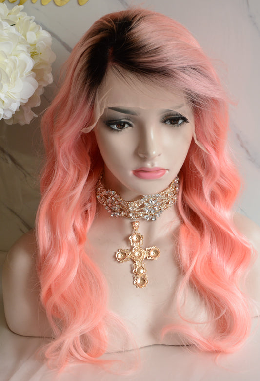 Custom Lace Front Brazilian Remy Pink Ombre Body Wave Human Hair Wig