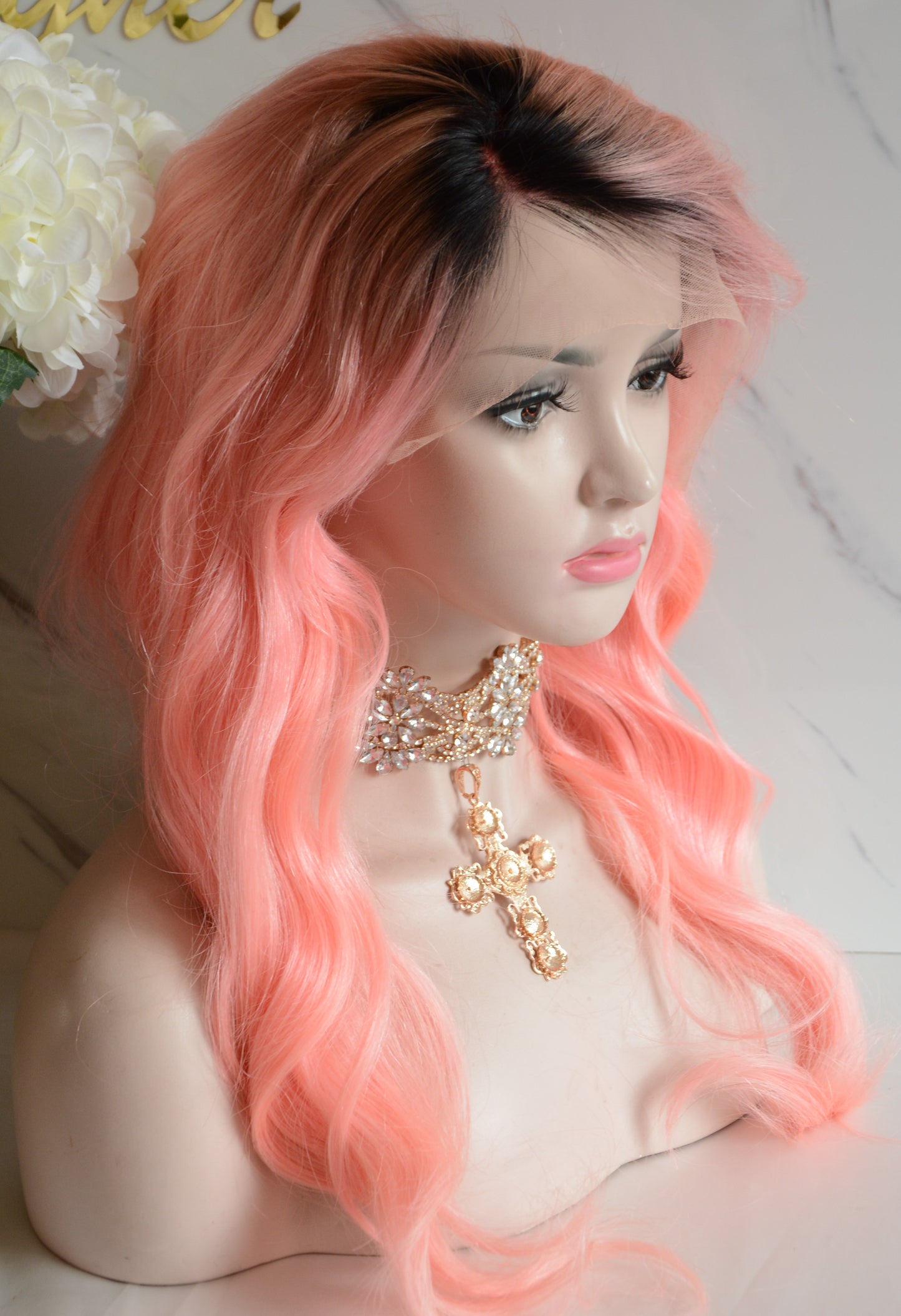 Custom Lace Front Brazilian Remy Pink Ombre Body Wave Human Hair Wig