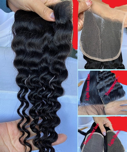 Stock 5x5 Brazilian Natural Black Deep Wave Human Hair Closures with 3 Bundles