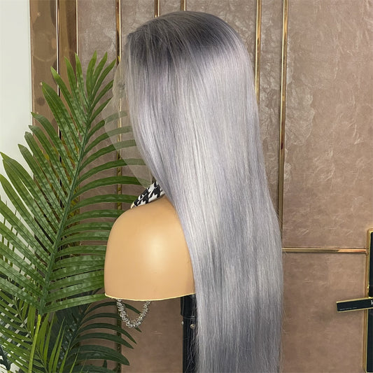 Lace Frontal Brazilian Grey Straight Human Hair Wigs