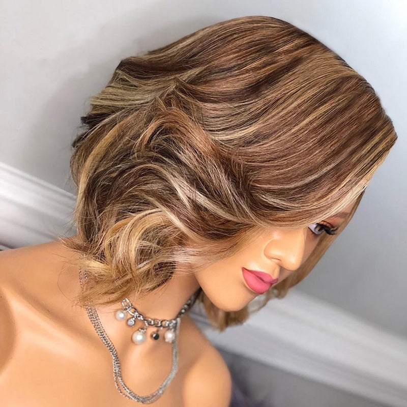 Custom Lace Front Brazilian Brown Ombre HL Pixie Wave Bob Human Hair Wig