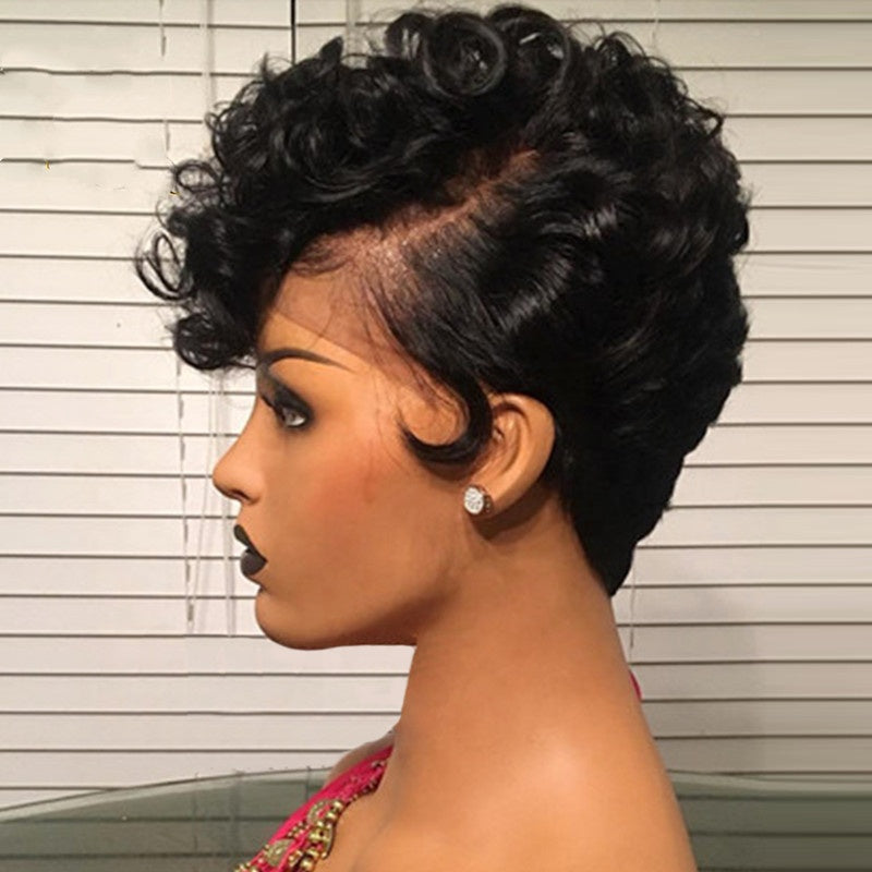 Stock Lace Front Brazilian Natural Black/99J Curly Pixie Human Hair Wig