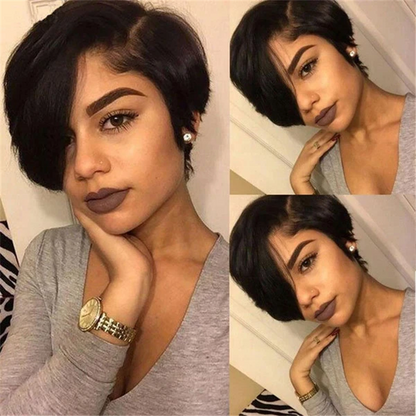 Stock Lace Front Brazilian Natural Black Natural Straight Pixie Human Hair Wig