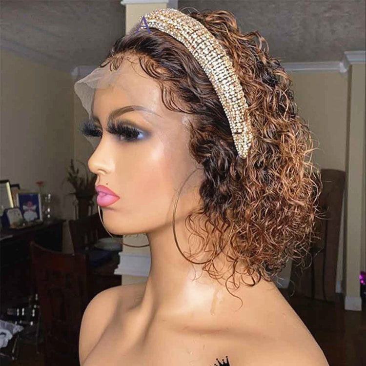 Stock Lace Front Brazilian Brown Ombre Curly Pixie Human Hair Short Wig