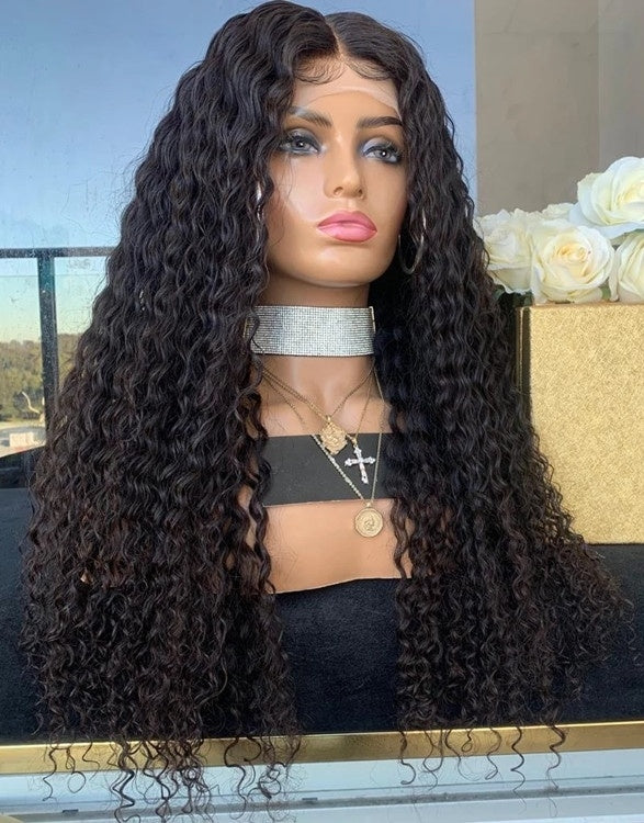 Custom Lace Front Brazilian Black Curly Human Hair Fake Scalp Wig