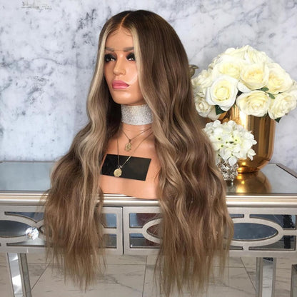 Custom Lace Front European Brown Balayage Wavy Human Hair Wig