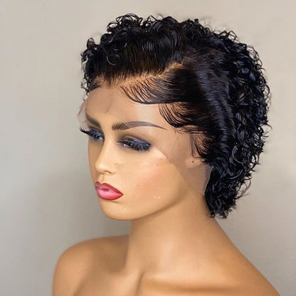 Stock Lace Front Brazilian Natural Black Curly Pixie Human Hair Wig