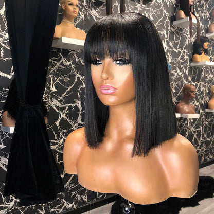 Stock 360 Degree Brazilian Natural Black Straight Human Hair Wigs with Bang