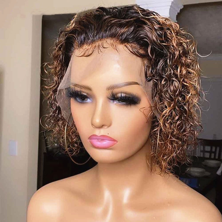 Stock Lace Front Brazilian Brown Ombre Curly Pixie Human Hair Short Wig