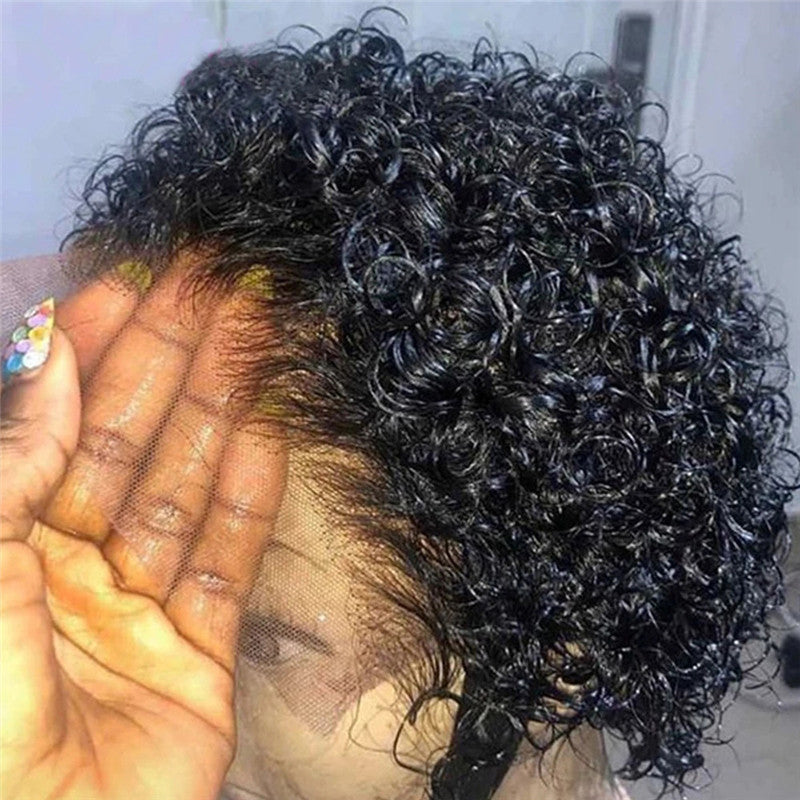 Stock Lace Front Brazilian Natural Black Curly Pixie Human Hair Wig
