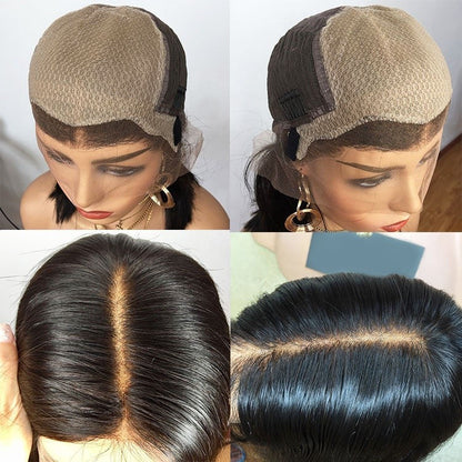 Custom Lace Front Brazilian Black Straight Fake Scalp Wig