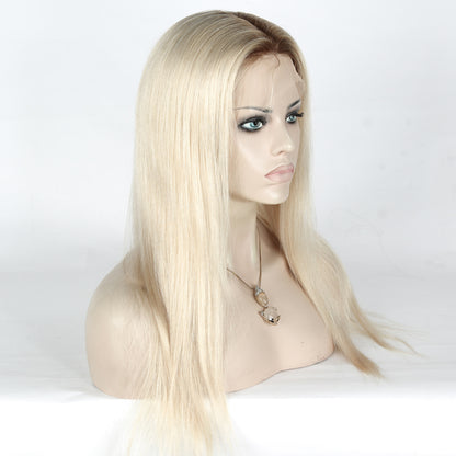 Stock Glueless European Rooted White Straight Human Hair Silk Top Wigs