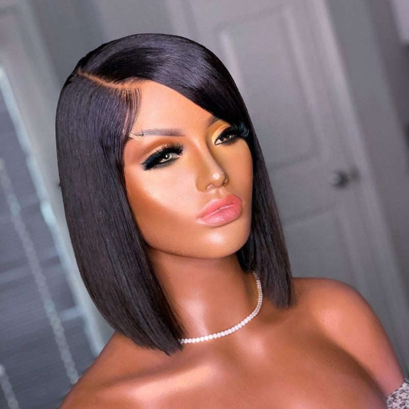 Lace Front Brazilian Natural Color Straight Blunt Cut Bob Fake Scalp Wig