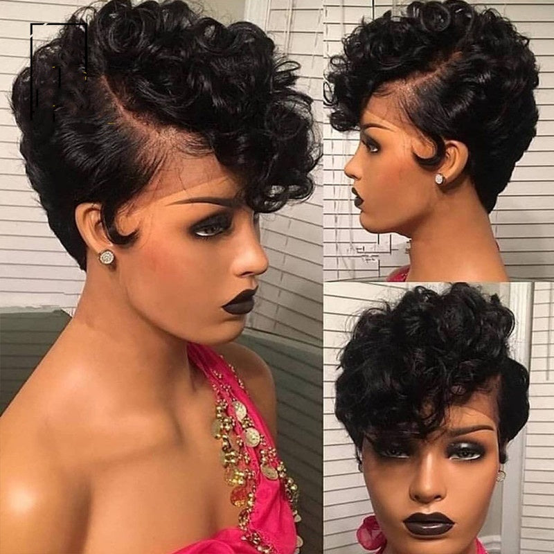 Stock Lace Front Brazilian Natural Black/99J Curly Pixie Human Hair Wig