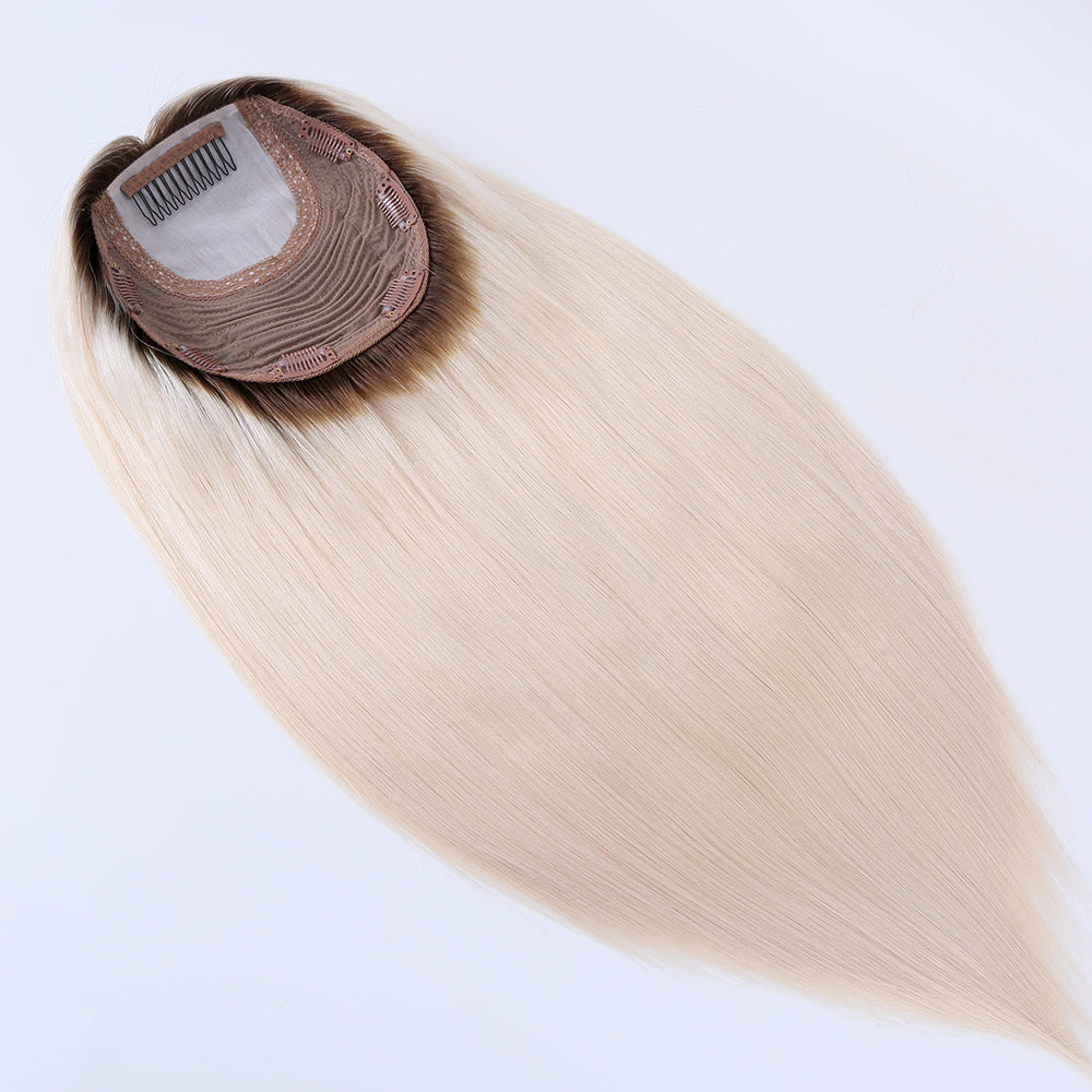 Stock European 9/Ashay White Ombre Natural Straight Double Drawn Human Hair Topper 18" med silketopp 130 % tetthet