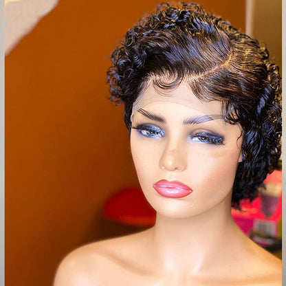 Stock Lace Front Brazilian Natural Black Curly Pixie Human Hair Wig