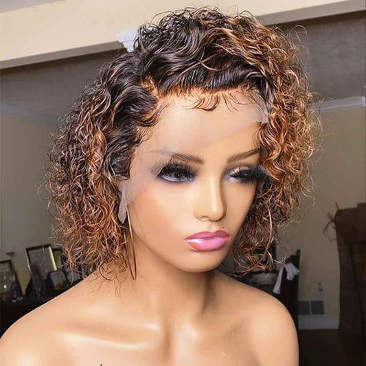 Stock Lace Front Brazilian Brown Ombre Curly Pixie Human Hair Short Wig