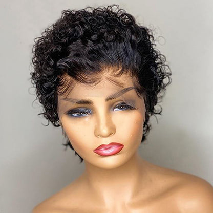 Stock Lace Front Brazilian Natural Black Curly Pixie Human Hair Wig