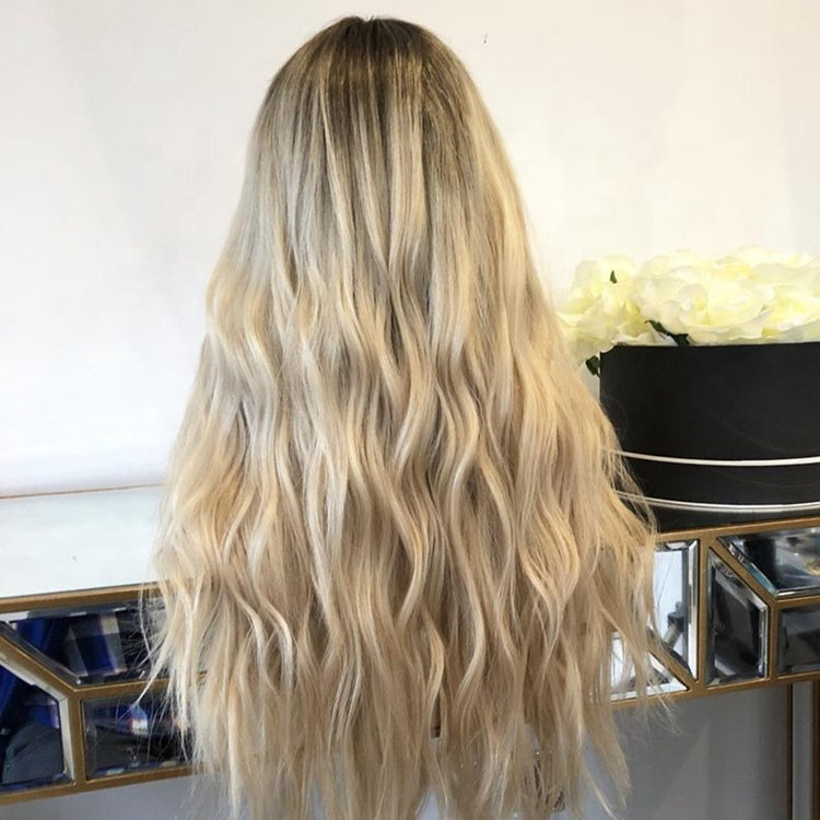 Egendefinert Helblonde Europeisk 2T Brun Mørke Røtter/Blond Ombre Bølget Menneskehår Parykk 24" 180 % tetthet.