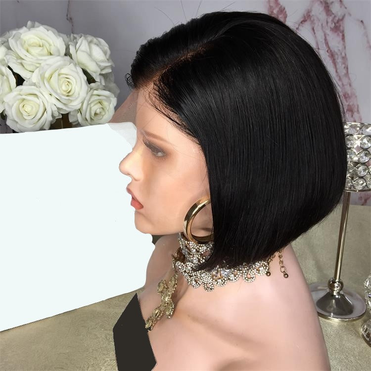 Stock Lace Front Brasilianische Naturschwarze Gerade Pixie Bob Echthaarperücke 10" 150% Dichte