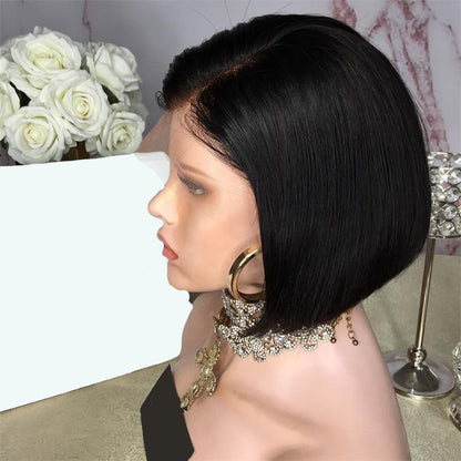 Stock Lace Front Brazilian Black Straight Pixie Bob Human Hair Wigs