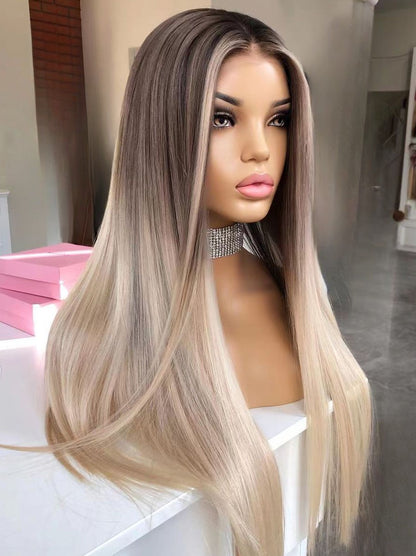 Custom Full Lace European Brown Roots/Blond Fine Balayage Highlights Natural Straight Human Hair Wig 26" with Silk Top 5" x 5" 180% Density.