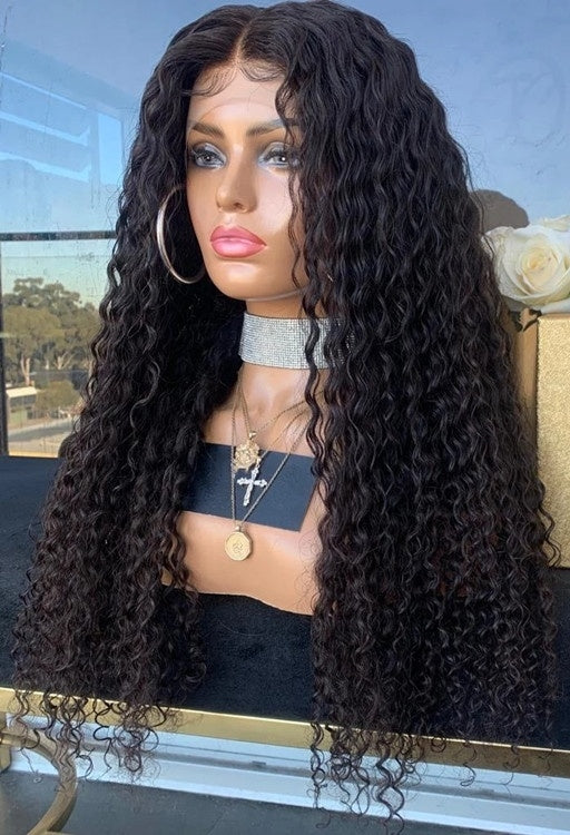 Custom Lace Front Brazilian Black Curly Human Hair Fake Scalp Wig