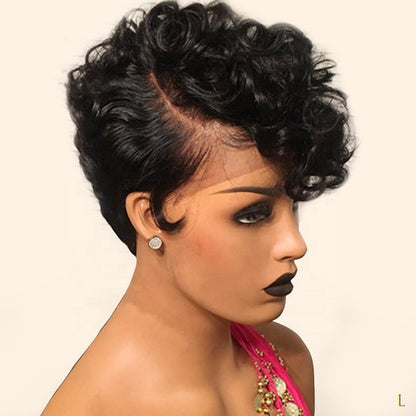 Stock Lace Front Brazilian Natural Black/99J Curly Pixie Human Hair Wig