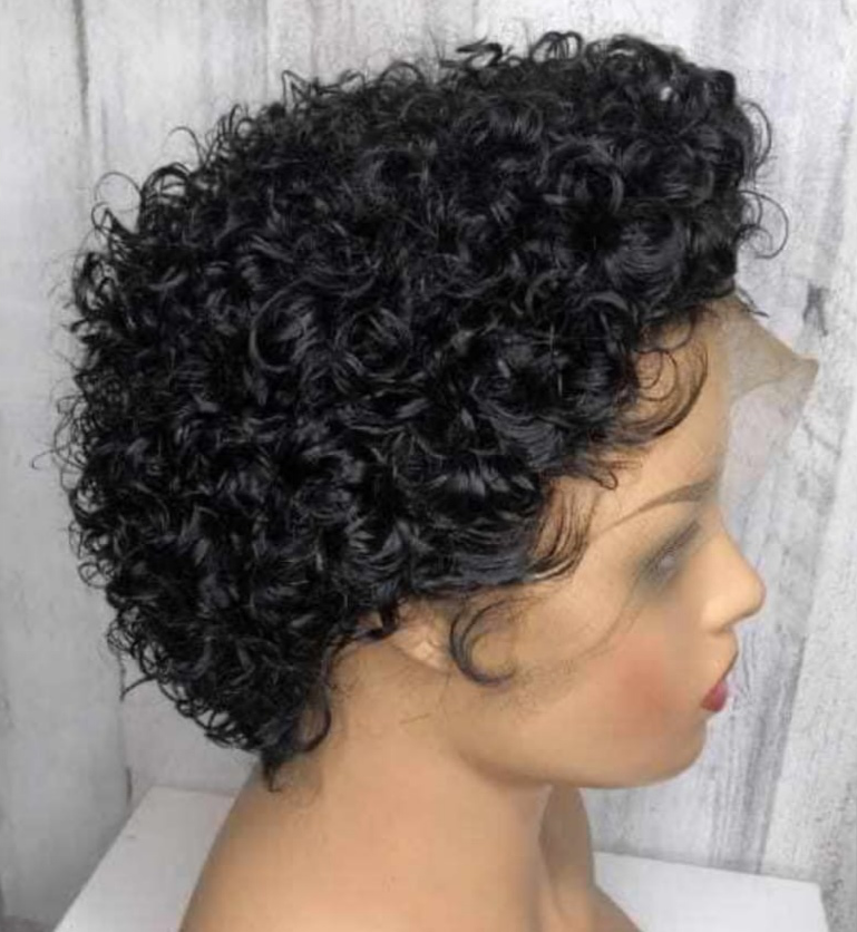 Stock Lace Front Brazilian Natural Black Curly Pixie Human Hair Wig