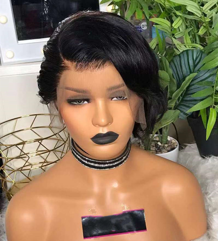 Stock Lace Front Brazilian Natural Black Natural Straight Pixie Human Hair Wig