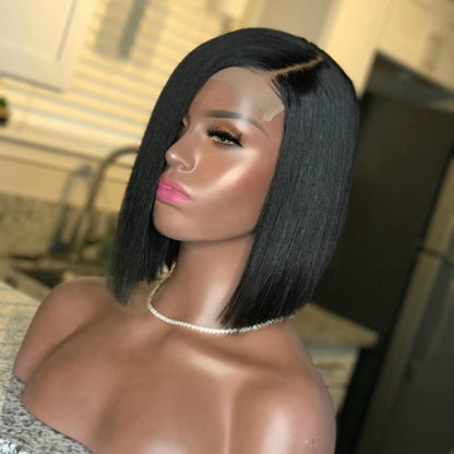 Lace Front Brazilian Natural Color Straight Blunt Cut Bob Fake Scalp Wig